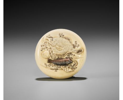 ICHIYU: AN IVORY MANJU NETSUKE DEPICTING MARINE LIFEBy Ichiyu (Kazutake), signed Ichiyu 一勇Japan, second half of 19th centuryO