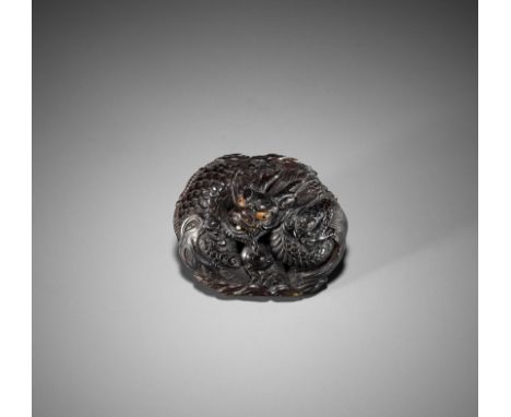 A SUPERB AND RARE TORTOISESHELL NETSUKE OF A COILED DRAGON WITH TAMAUnsignedJapan, 19th century, Edo period (1615-1868)Publis