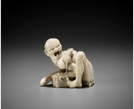 A FINE IVORY OKIMONO NETSUKE OF AN EMACIATED RAT CATCHERUnsignedJapan, late 19th century, Meiji period (1868-1912)Very finely