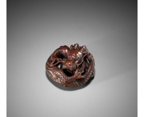 CHIKUYOSAI TOMOCHIKA: A POWERFUL WOOD NETSUKE OF A COILED DRAGONBy Chikuyosai Tomochika I, signed Tomochika 友親Japan, Edo (Tok