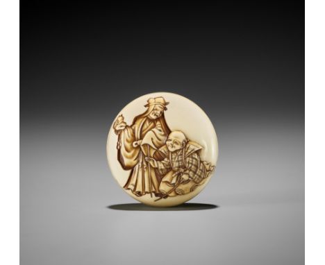 JUGYOKU: A FINE IVORY MANJU NETSUKE DEPICTING A SCENE FROM THE KYOGEN PLAY TSURIGITSUNEBy Ryukosai Jugyoku, signed Jugyoku 壽玉