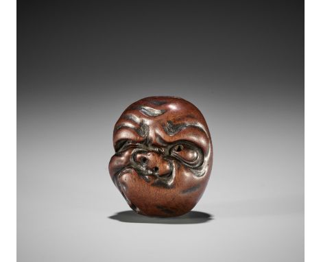 ITTAN: A RARE WOOD SHUNGA MASK NETSUKE OF HYOTTOKOBy Ittan, signed Ittan 一旦 and kakihanJapan, Nagoya, early 19th century, Edo