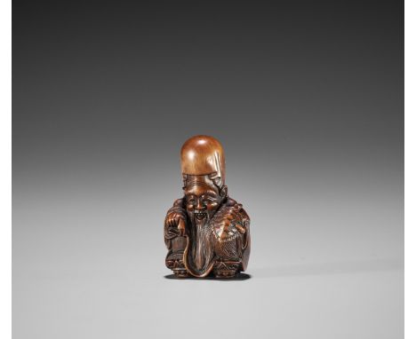 NAOYUKI: A WOOD NESTUKE OF FUKUROKUJU WITH MINOGAMEBy Naoyuki, signed Naoyuki 直雪Japan, Edo (Tokyo), c. 1850, Edo period (1615