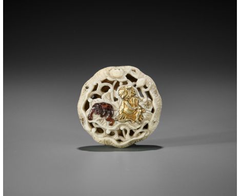 FUKU: A SUPERB GOLD-INLAID RYUSA MANJU NETSUKE DEPICTING KAPPA AND LOTUSSigned Fuku 福Japan, Tokyo, Asakusa district, late 19t