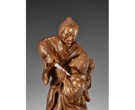 MEIKEI: A MASTERFUL CONTEMPORARY WOOD NETSUKE OF 'SONEZAKI SHINJU' (LOVER'S SUICIDE)By Shigeru Takayama (Seihosai Meikei, bor