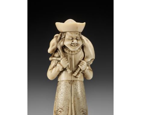 A SUPERB IVORY NETSUKE OF A DUTCHMANUnsignedJapan, 18th century, Edo period (1615-1868)The proudly standing Dutchman wearing 