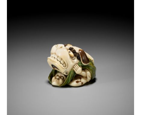 YASUAKI: A FINE TOKYO SCHOOL IVORY NETSUKE OF A BOY IN SHISHIMAI COSTUMEBy Yasuaki (Homei), signed Yasuaki 保明 with seal Kodam