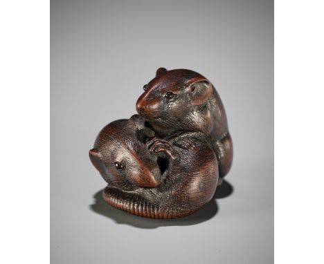 MASANAGA: A MASTERFUL NAGOYA SCHOOL WOOD NETSUKE OF TWO PLAYING RATSBy Masanaga, signed Masanaga 正長Japan, Nagoya, first half 