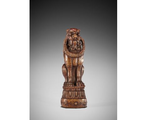 MORIKAWA TOEN: A RARE BAMBOO SASHI NETSUKE OF A GUARDIAN LIONBy Morikawa Toen (1820-1894), signed Morikawa Toen森川 杜園 and kaki