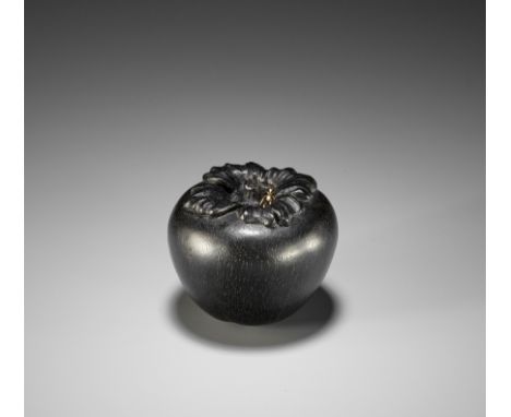 SEIYODO TOMIHARU: A SUPERB EBONY WOOD NETSUKE OF A PERSIMMON WITH METAL-APPLIED ANTBy Seiyodo Tomiharu (1733-1810), signed Ha