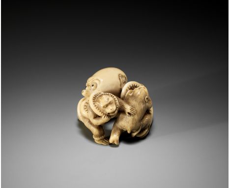 IKKOSAI: A SUPERB IVORY NETSUKE OF TWO MONKEYS FIGHTING AN OCTOPUSBy 'Saru' Ikkosai, signed Ikkosai 一光齋Japan, Tokyo, late 19t