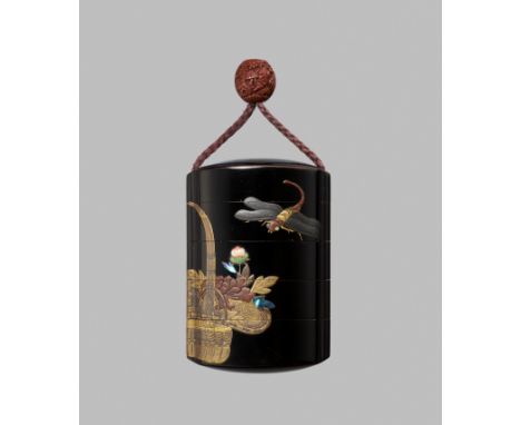 A FINE FOUR-CASE ROIRO LACQUER INRO WITH DRAGONFLY AND SPRING FLOWER BASKETUnsignedJapan, 19th century, Edo period (1615-1868