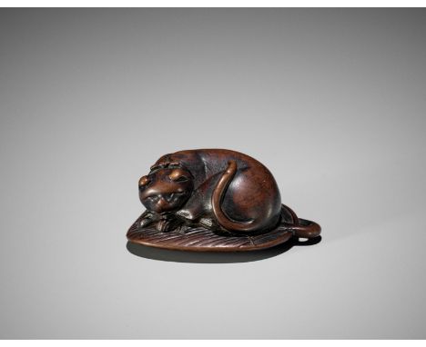 A WOOD NETSUKE OF A SLEEPING CAT ON A LEAF FANUnsigned Japan, 18th century, Edo period (1615-1868)The cat (neko) is considera