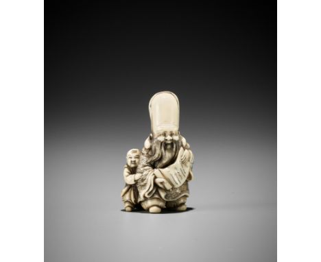 AN IVORY NETSUKE OF FUKUROKUJU AND KARAKOUnsignedJapan, early 19th century, Edo period (1615-1868)Finely carved and stained, 