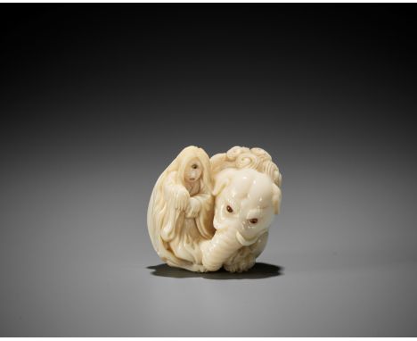 KENJI: A RARE MARINE TUSK NETSUKE OF A BAKU AND GHOSTBy Kenji Abe (born 1947), signed Kenji 賢次 to 刀Japan, Tokyo, 20th century