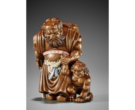 HIDEYUKI: A CONTEMPORARY WOOD NETSUKE OF SHOKI AND ONIBy Sakurai Hideo (Hideyuki, born 1941), signed Hideyuki 英之Japan, Tokyo,