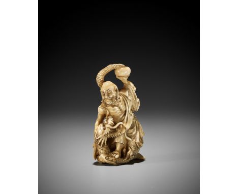 TOMOMASA: A SUPERB IVORY NETSUKE OF RAKAN HANDAKA SONJA CONJURING A DRAGONBy Tomomasa, signed Tomomasa 友正Japan, Edo (Tokyo), 