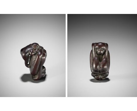 A HIGHLY UNUSUAL AND HUMOROUS WOOD NETSUKE OF TWO MONKEYSUnsignedJapan, late 18th to early 19th century, Edo period (1615-186