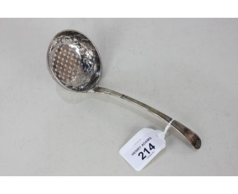 A white metal sifter spoon / ladle, marks worn, (a/f - soldiered) 1.7oz