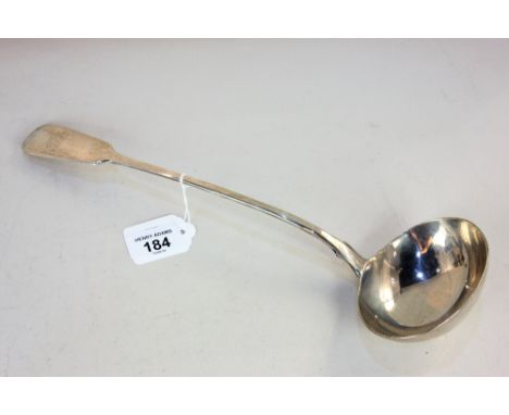 A Victorian silver fiddle pattern soup ladle with engraved initial terminal, maker William Eaton, London 1840, 7oz 34cm
