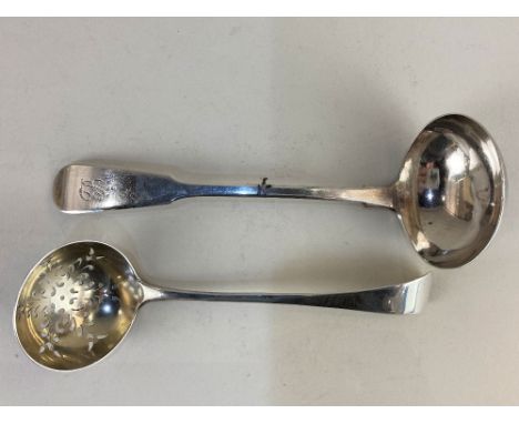 A George IV silver fiddle pattern sauce ladle, maker William Lister I, Newcastle 1828, together with a silver sifter spoon, m