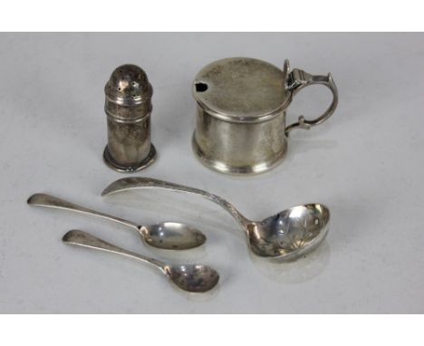 A George V silver mustard with blue glass liner, maker Edward Barnard &amp; Sons Ltd, London 1935, with a matched cruet spoon