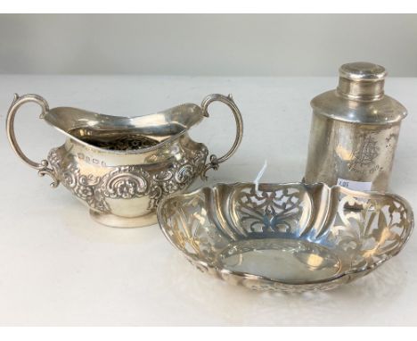 A George V silver pierced bonbon dish, maker Charles. S Green &amp; Co Ltd, Birmingham, 1926, together with a silver tea cadd