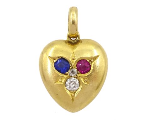 Victorian 18ct gold old cut diamond, sapphire and ruby heart pendantCondition Report:Approx 2.7gm, no glazed back - missing, 