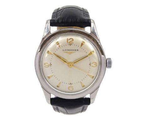 Longines gentleman's stainless steel manual wind wristwatch, circa 1953, Ref. 6262, Cal. 23ZS, serial No. 8471655, on black l