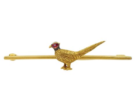 Early 20th century 9ct gold enamel pheasant brooch by Alabaster & Wilson, stamped Condition Report:Approx 5gm, length = 50mm,
