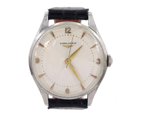 Longines gentleman's stainless steel manual wind wristwatch, circa 1953, Ref. 8035-1, Cal. 12.68ZS, serial No. 9102115, on bl
