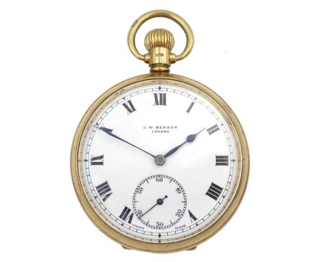 Early 20th century 9ct gold open face keyless lever pocket watch by J. W. Benson, London, white enamel dial with Roman numera