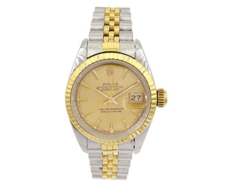 Rolex Oyster Perpetual Datejust ladies gold and stainless steel automatic wristwatch, Ref. 69173, serial No. E165273, on Role