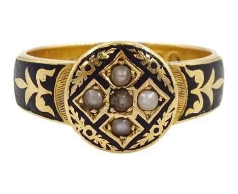 Victorian 18ct gold 'In Memory Of' memorial ring, pearl set and black enamel head, with enamel shoulders, London 1888Conditio