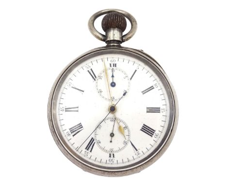 Early 20th century silver open face keyless lever chronograph pocket watch, white enamel dial with Roman hours and outer Arab