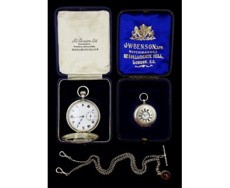 Early 20th century silver half hunter keyless lever presentation pocket watch by J. W. Benson, London, white enamel dial with