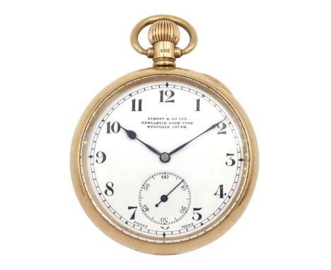 Early 20th century 9ct gold keyless Westgate lever pocket watch, No. 1195905, white enamel dial with Arabic numerals and subs