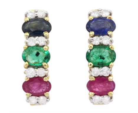 Pair of 14ct gold diamond, sapphire, ruby and emerald half hoop earrings, stampedCondition Report:Approx 4.35gm, length = 17m