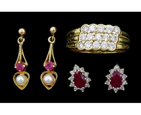 Pair of gold ruby diamond stud earrings, pair of gold pearl and ruby pendant stud earrings, both 9ct and an 18ct gold cubic z