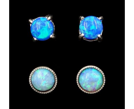 Two pairs of silver opal stud earrings