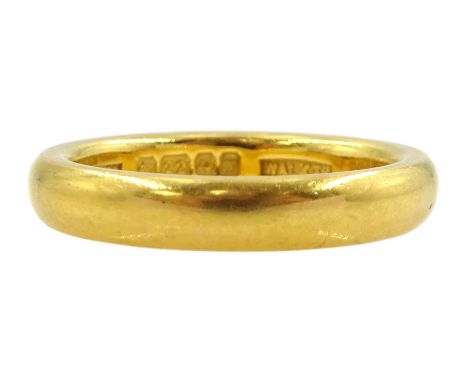 22ct gold wedding band, Birmingham 1923Condition Report:Approx 6.55gm, size l, band depth = 3.5mm, few light scratches otherw