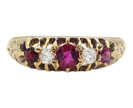 Edwardian 18ct gold five stone ruby and diamond ring, Chester 1902Condition Report:Approx 2.3gm, size N-O, shank thinning to 