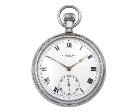 WWII British Military Army issue lever pocket watch by J. W. Benson, London, white enamel dial with Roman numerals and subsid