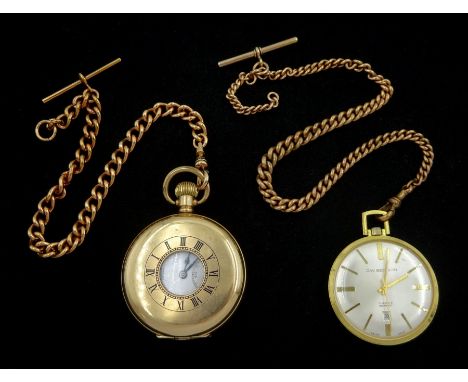 Early 20th century gold-plated half hunter keyless lever pocket watch by J. W. Benson, London, white enamel dial with Roman n