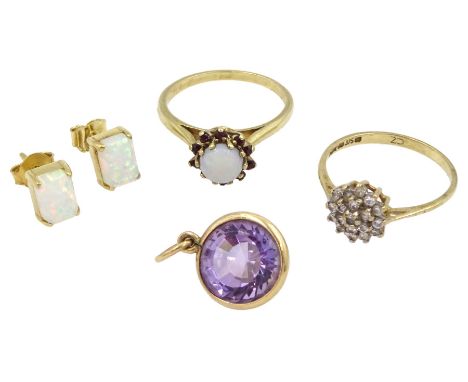 Gold amethyst pendant, cubic zirconia cluster ring and a opal and garnet cluster ring, all 9ct and a 14ct gold opal stud earr