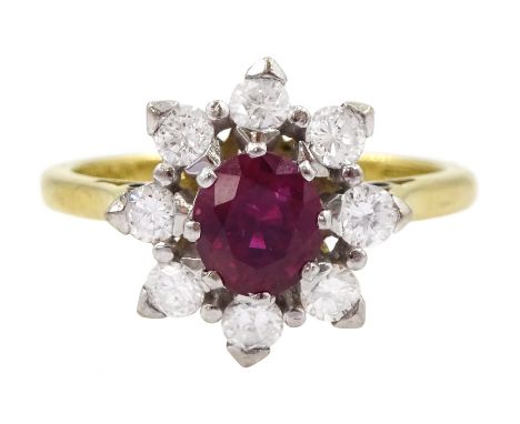 18ct gold oval cut ruby and round brilliant cut diamond cluster ring, London 1962Condition Report:Approx 4gm, size L-M, head 