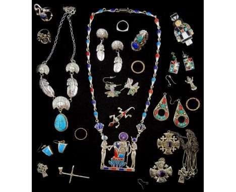 Silver and stone set silver jewellery including turquoise Aztec design necklace with matching earrings, Egyptian necklace, st