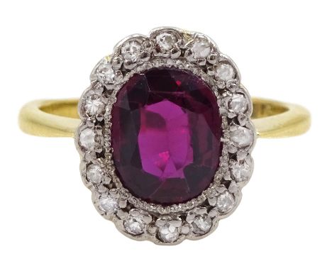 Early 20th century oval cut unheated Thai ruby and old cut diamond cluster ring, stamped, ruby approx 1.30 caratCondition Rep