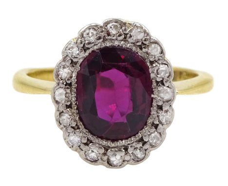 Early 20th century oval cut unheated Thai ruby and old cut diamond cluster ring, stamped, ruby approx 1.30 caratCondition Rep