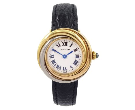 Cartier Trinity ladies 18ct gold quartz wristwatch, Ref. 2357, tricoloured gold case, white enamel dial with Roman numerals, 